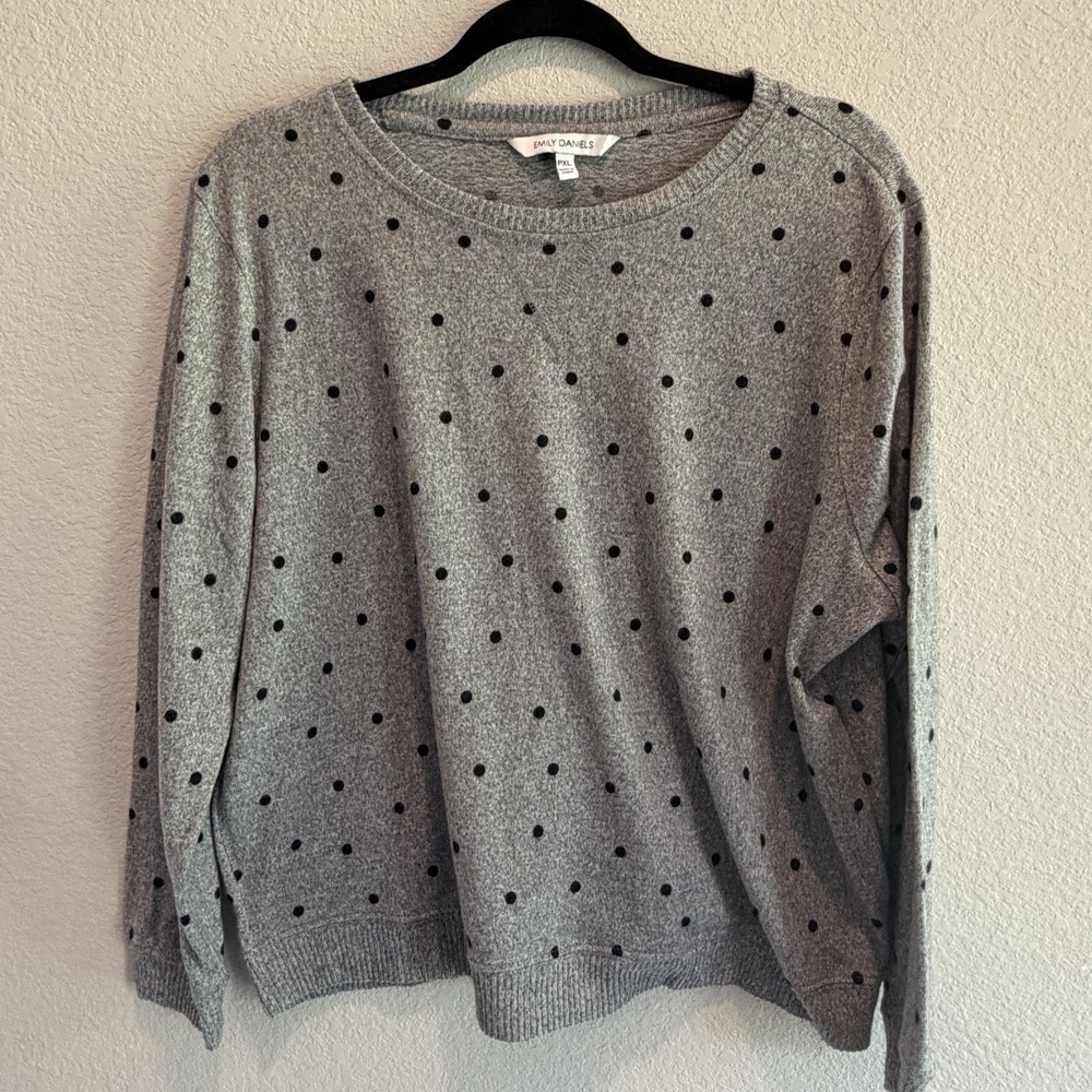 Emily Daniels Gray And Black Polka Dot Long Sleeve Sweater Top Petite XL Chic